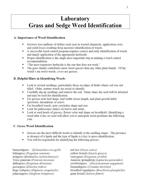 Laboratory Grass and Sedge Weed Identification